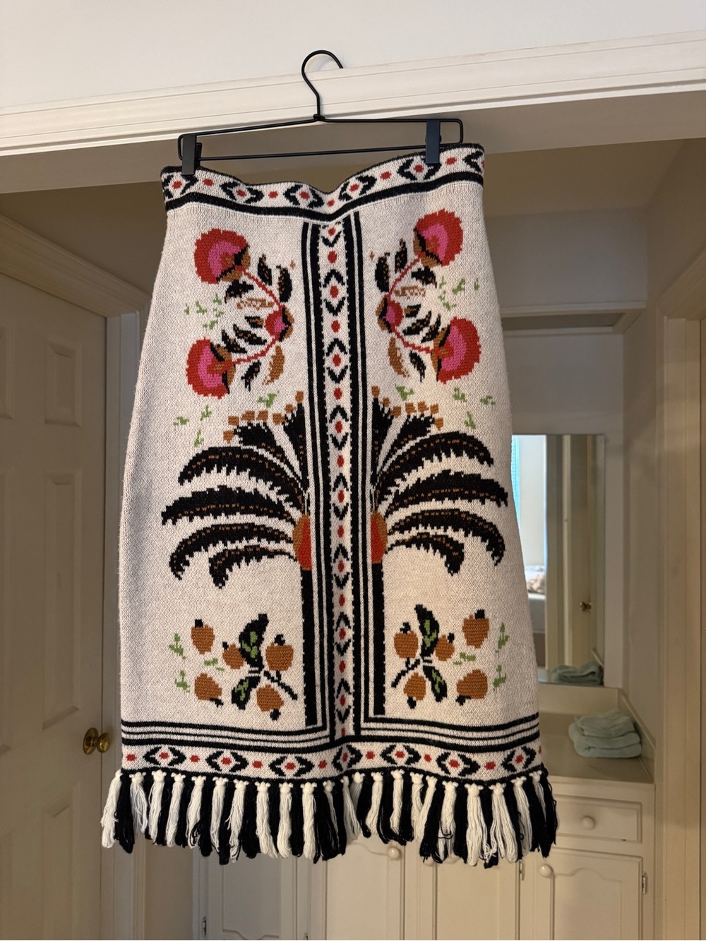FARM Rio Cream Knit Midi Skirt with Pink and Orange Floral Motif